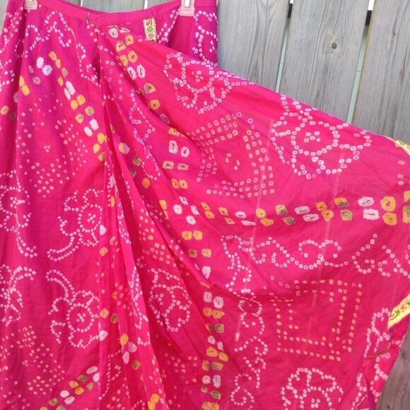 Pink Sari Skirt Choli Blouse Set Batik Yellow Gold 40"B 34"W Lehanga - Picture 6 of 10